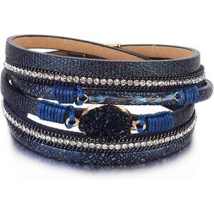 Leather Wrap Bracelet Navy Blue Boho Bangle with Crystal Beads for Women